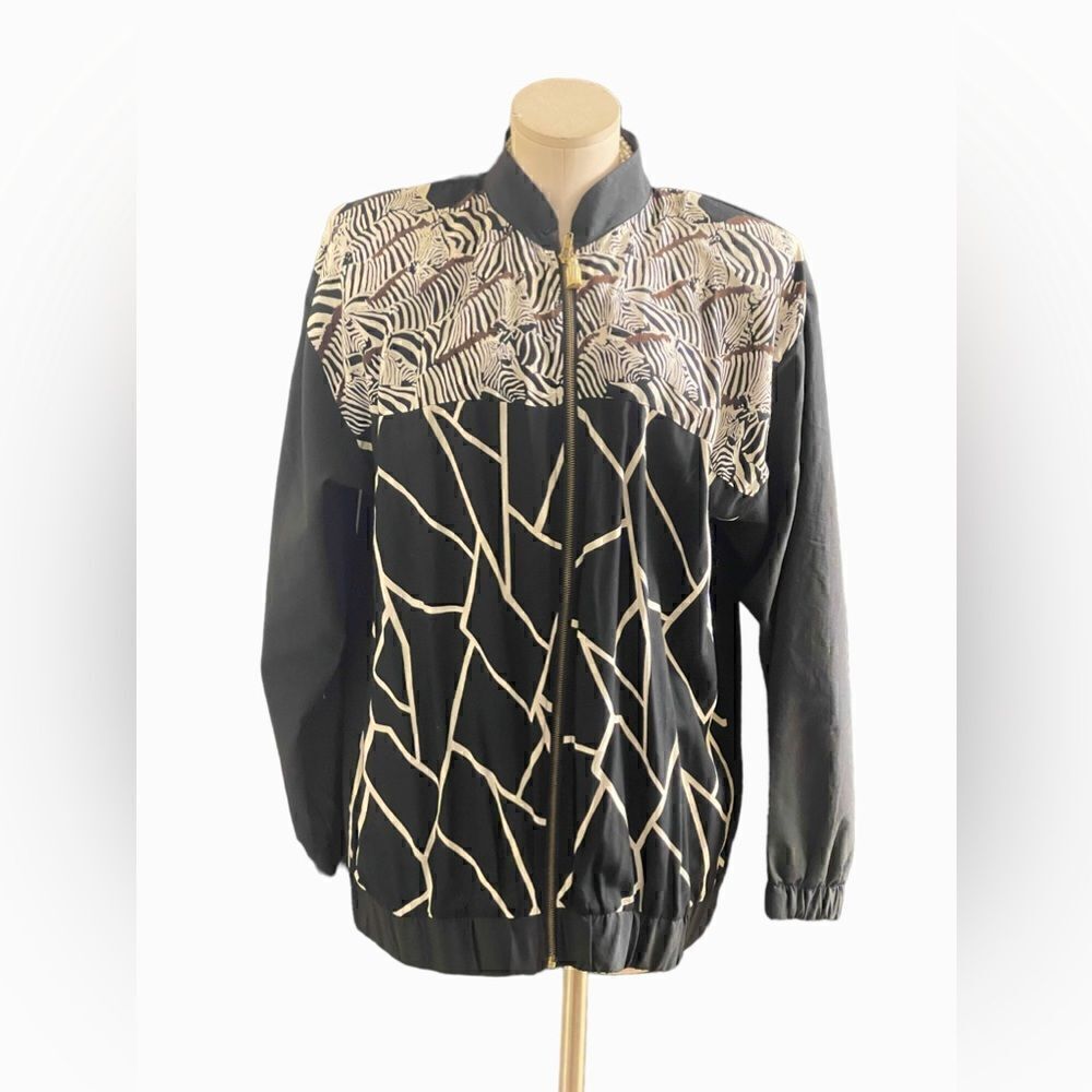 Vintage Giraffe & Zebra Print Zip-Up Lightweight Bomber Jacket